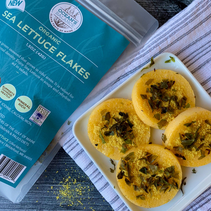 Polenta Rounds Topped with Nutritional Yeast & Sea Lettuce Flakes